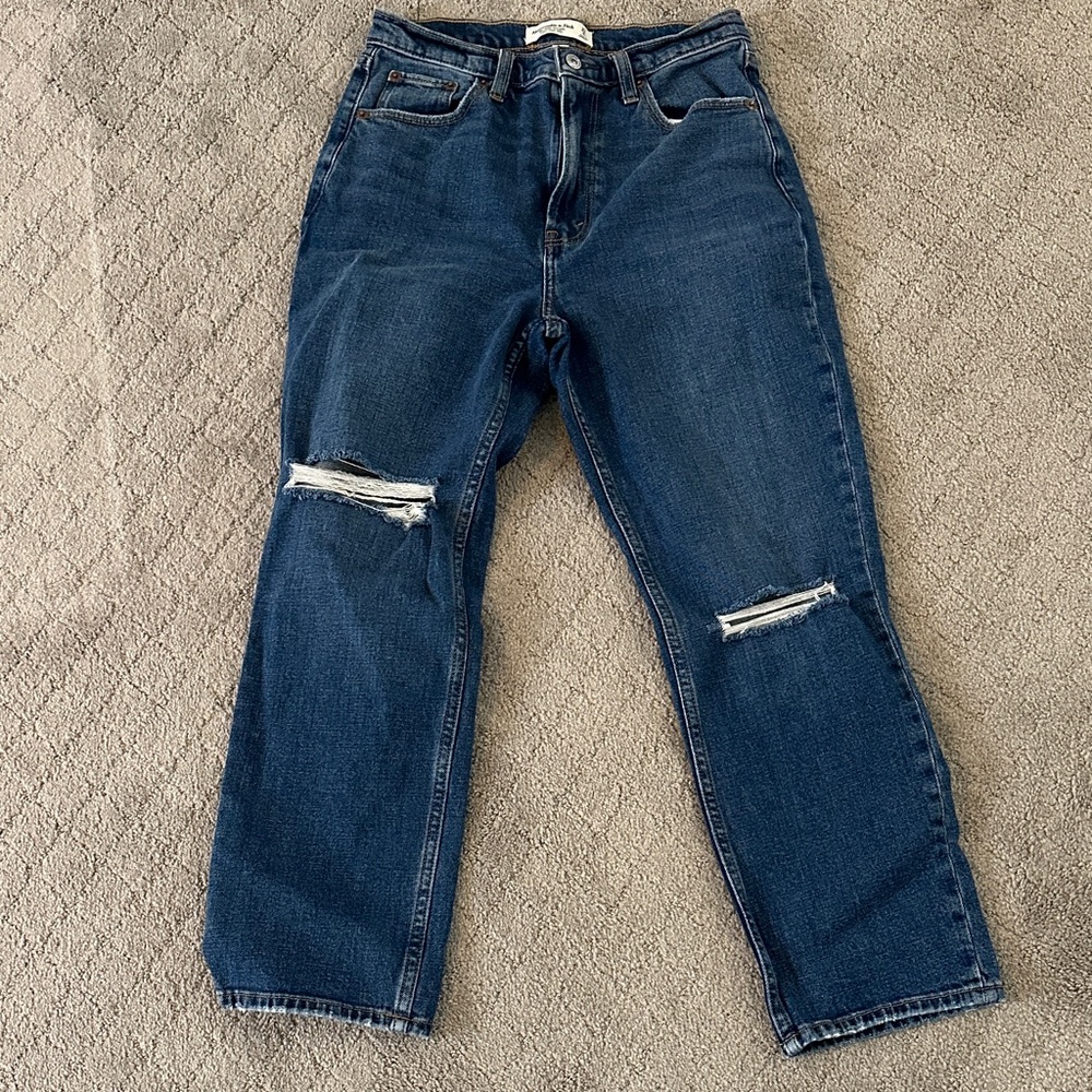 Abercrombie & Fitch Distressed Dark Blue Straight Leg Jeans Ankle Length